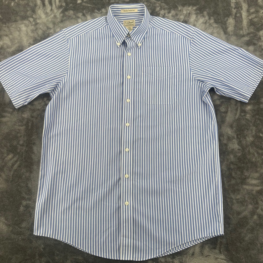 LL Bean Mens‎ Medium Tall Blue White Striped Short Sleeve Button Down Shirt 539 - Picture 2 of 6